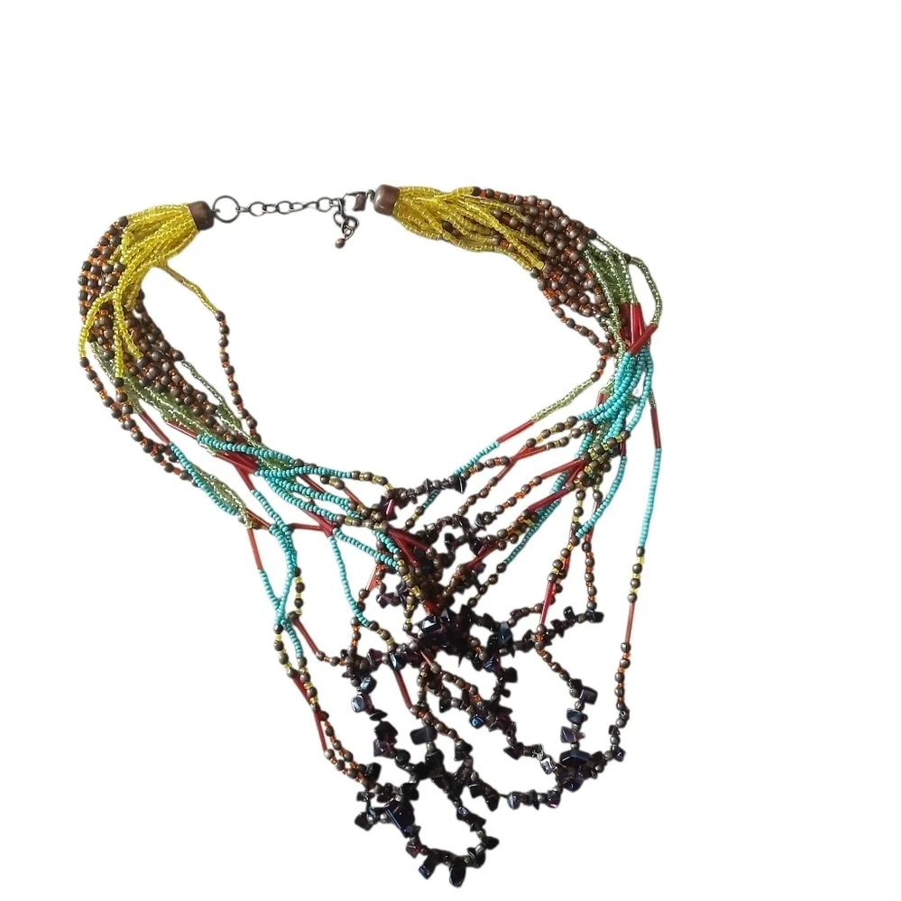 Colorful Peyote Multi-Stand Seed Bead Bohemian Necklace Native American Artistic